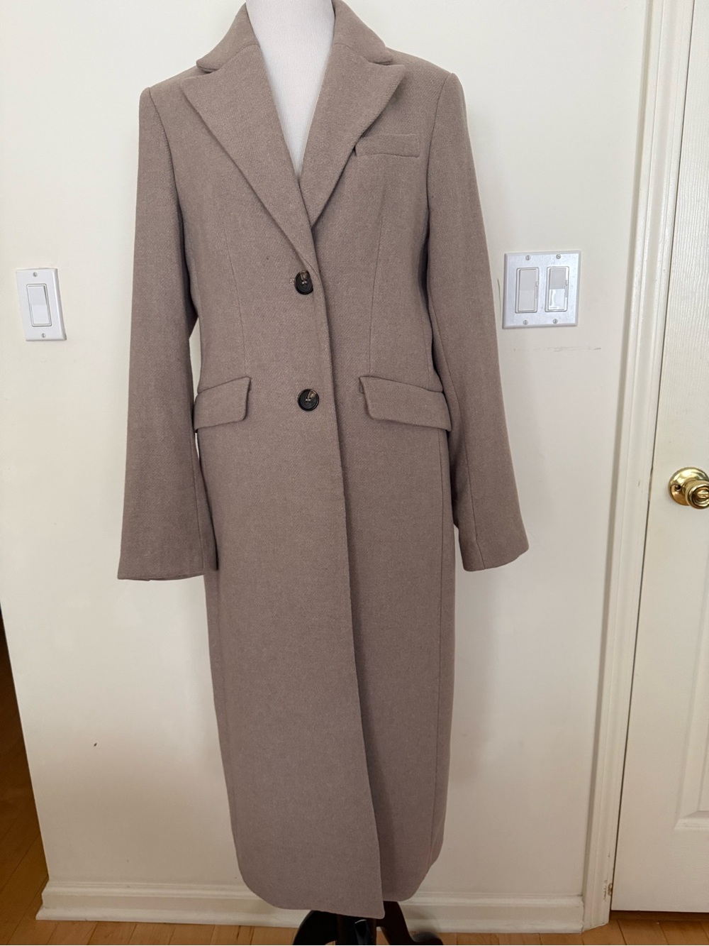 Wool Blend Women's Long Coat in Taupe - Classic Tailored Style